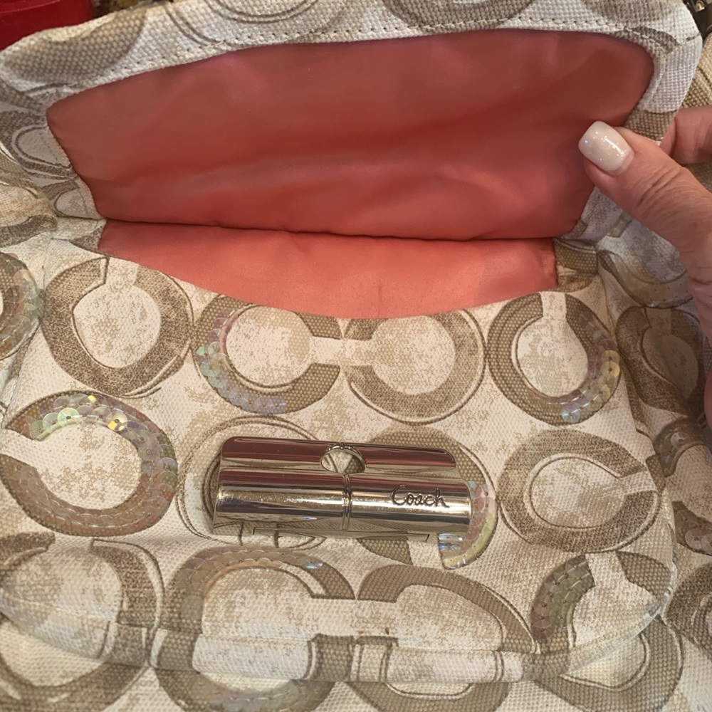 Coach Beige and Cream Double C Patterned Shoulder Bag - Picture 3 of 13